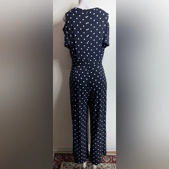 (H1)The Limited Navy Blue Polka Dot Zip Up Off Shoulder Wide Leg Jumpsuit,Size S - Picture 2 of 16